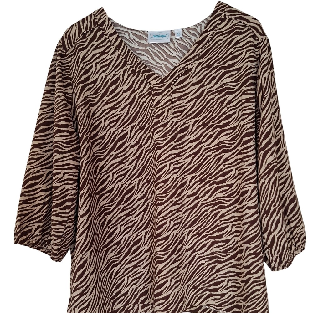 National Zebra Print Blouse Womens XL Brown Tan 3/4 Sleeve V-Neck Safari Top